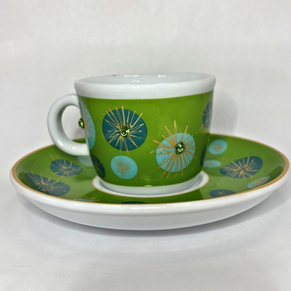 Julia Minasian Target Espresso Demitasse Cup Saucer Atomic Green Blue Bejeweled